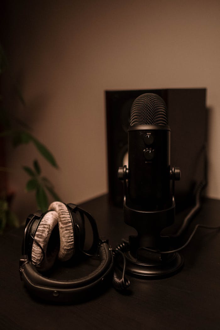 Close-up of a microphone and headphones on a desk, ideal for podcasting or audio production.